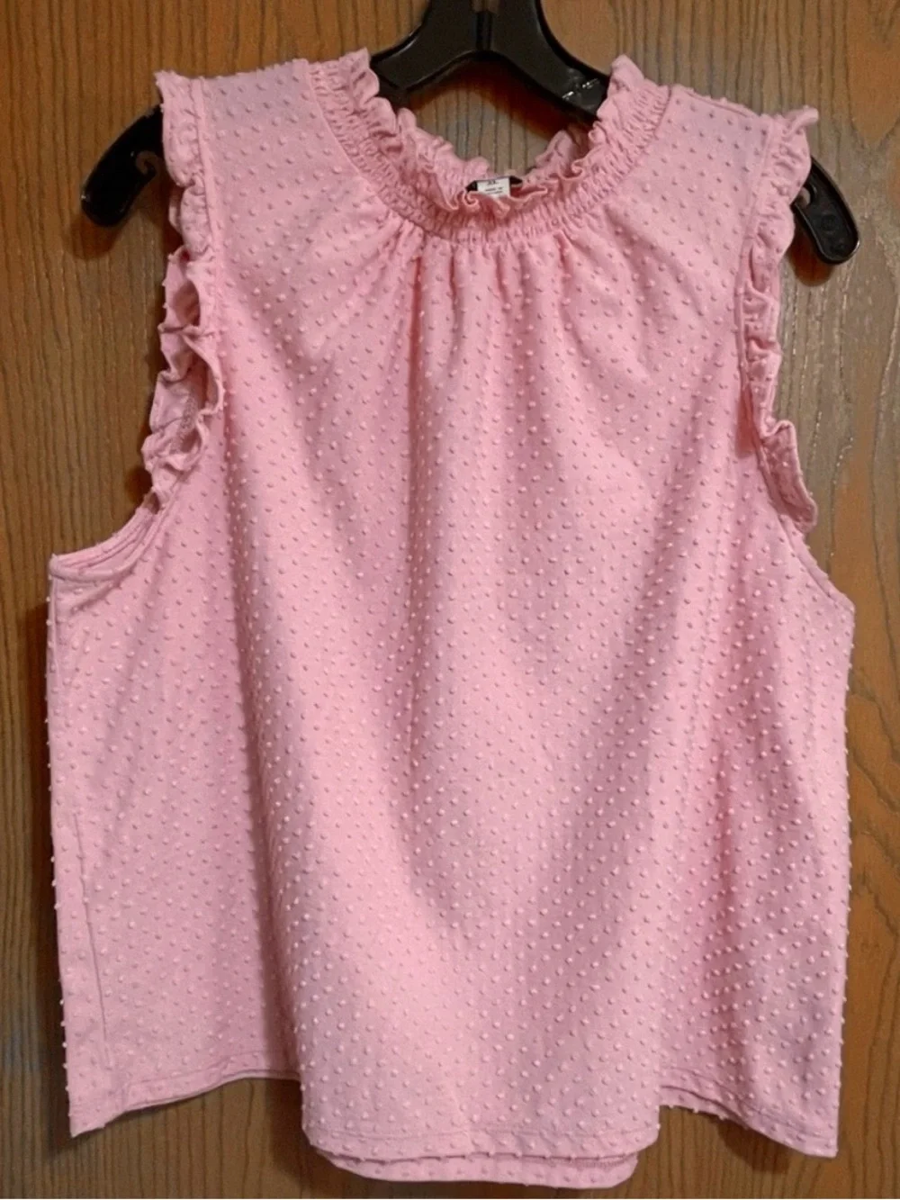 EUC J. Crew Pink Sleeveless Blouse with Ruffles and Swiss Dots